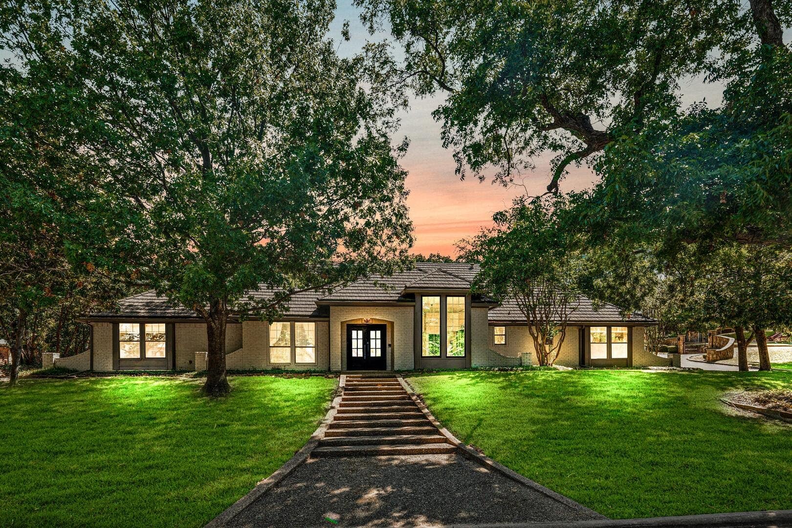 Home exterior at twilight.