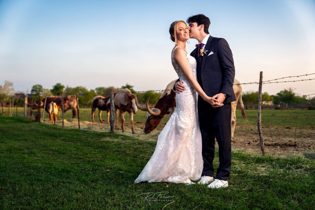 Wedding couple posing for photo along a barbwire fence with cattle in the background.