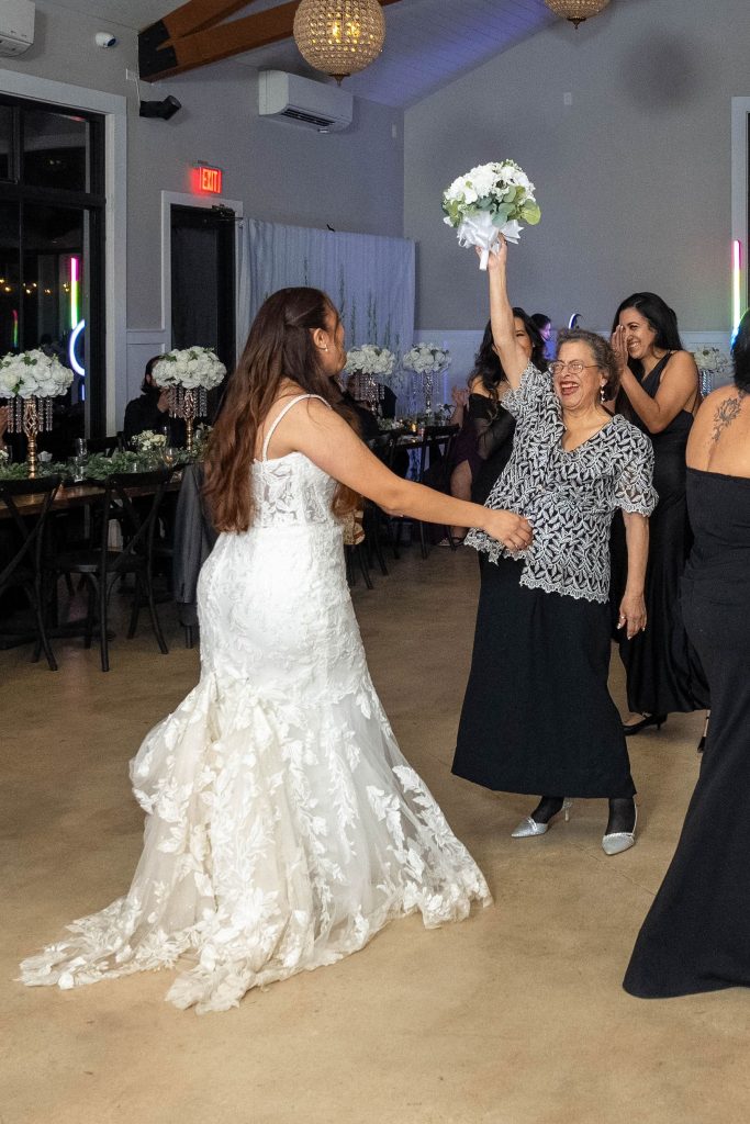 Old lady got the wedding bouquet