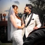 Wedding couple and an old tractor